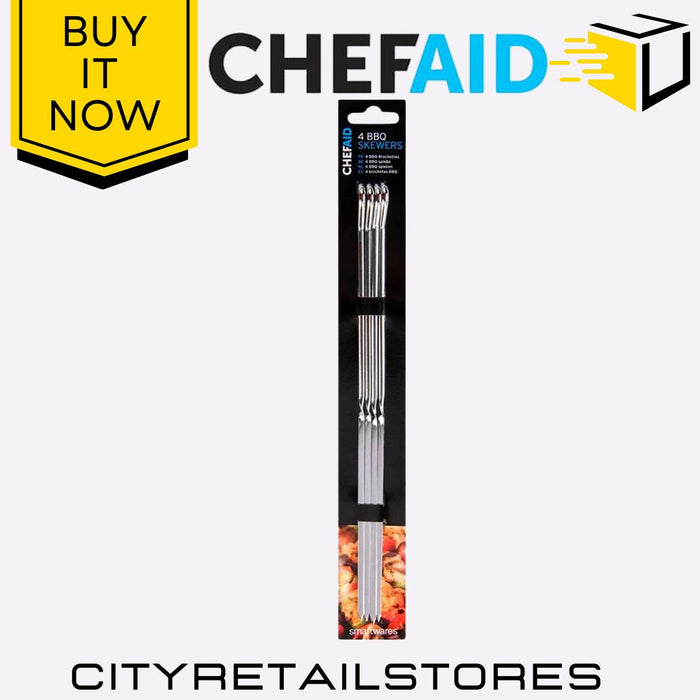 Chef Aid Metal Barbecue Skewers 25.5cm Durable Reusable BBQ Skewers 4 Pack