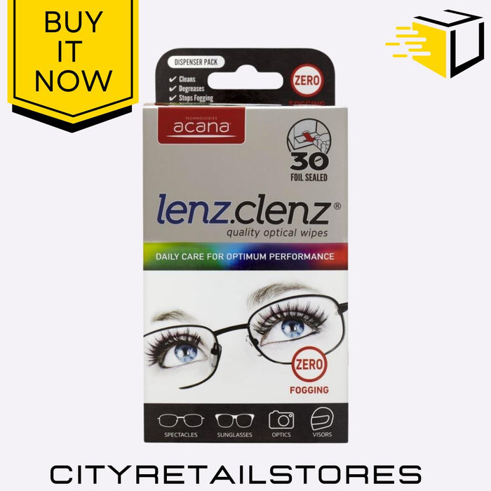 Lenz Clenz Anti-Fog Non-Smear Lens Cleaner For Glasses 30 Optical Wipes Acana