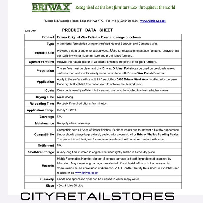 400g Furniture Stain Wax Polish Cleaner Restorer All Colours 400g Briwax