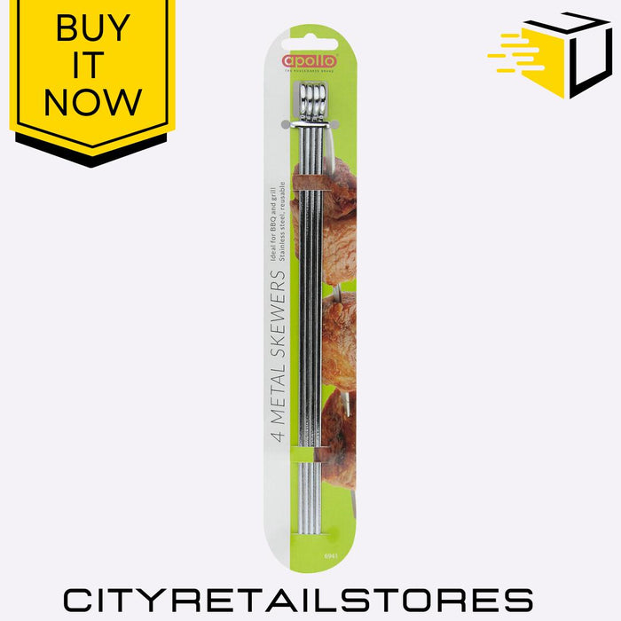 4 Metal Skewers BBQ Kebab Sticks Stainless Steel Reusable Cooking Tools Apollo