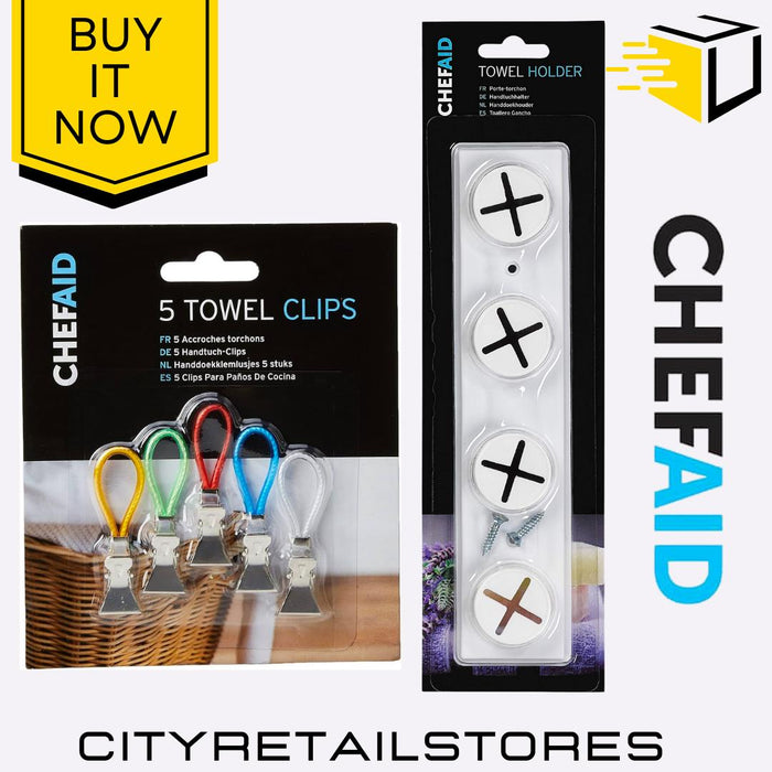 4 Hole Tea Towel Holder & 5 Kitchen/Tea Towel Clips Hooks Set Chef Aid