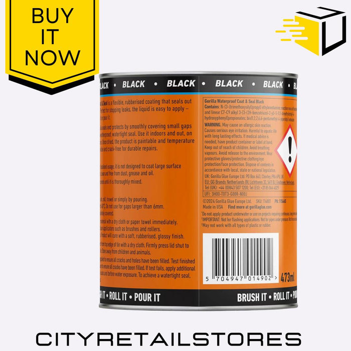 Waterproof Coat & Seal Liquid Rubber Coating Black Waterproof 473ml Gorilla Glue