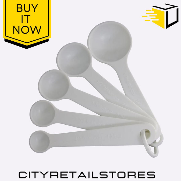 5 White Plastic Measuring Spoons Set Kitchen Tools, Precise & Durable Apollo