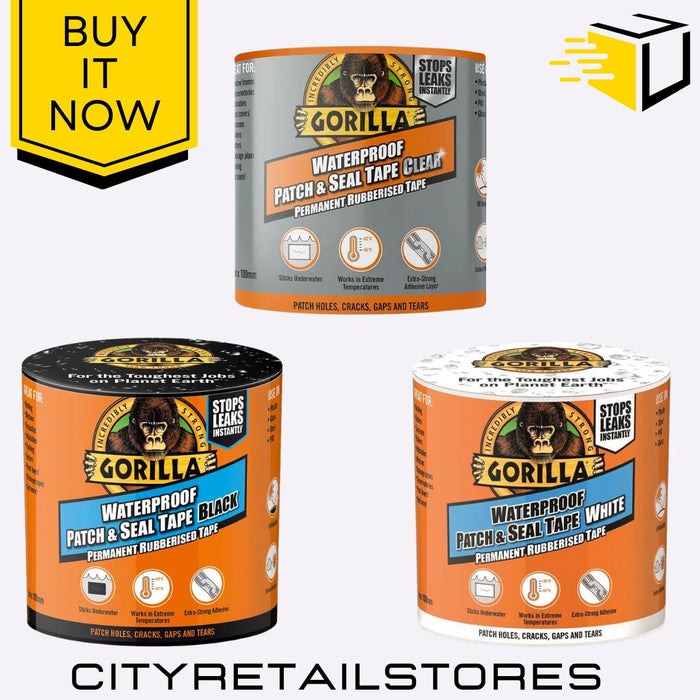 Patch & Seal Waterproof Tape Permanent Rubberised White Black Clear Gorilla