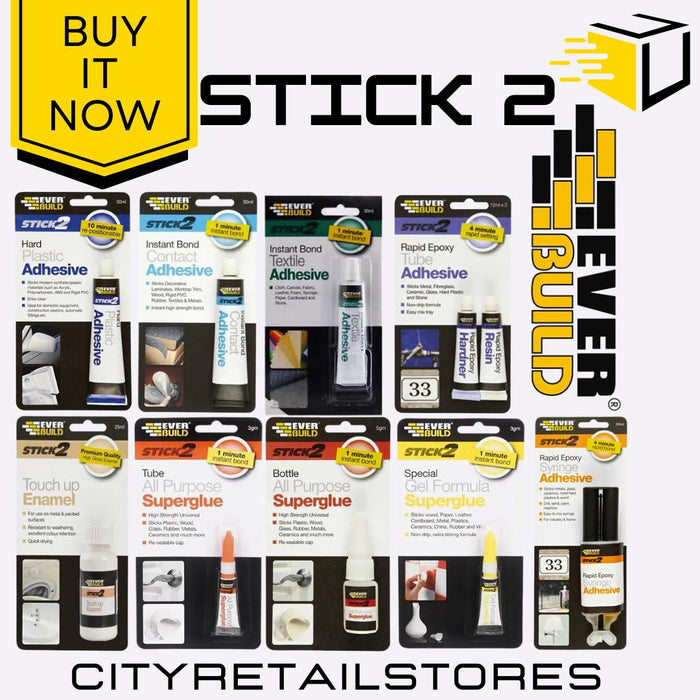 Stick 2 Range Enamel Superglue Gel Epoxy Adhesive Contact Textile Everbuild