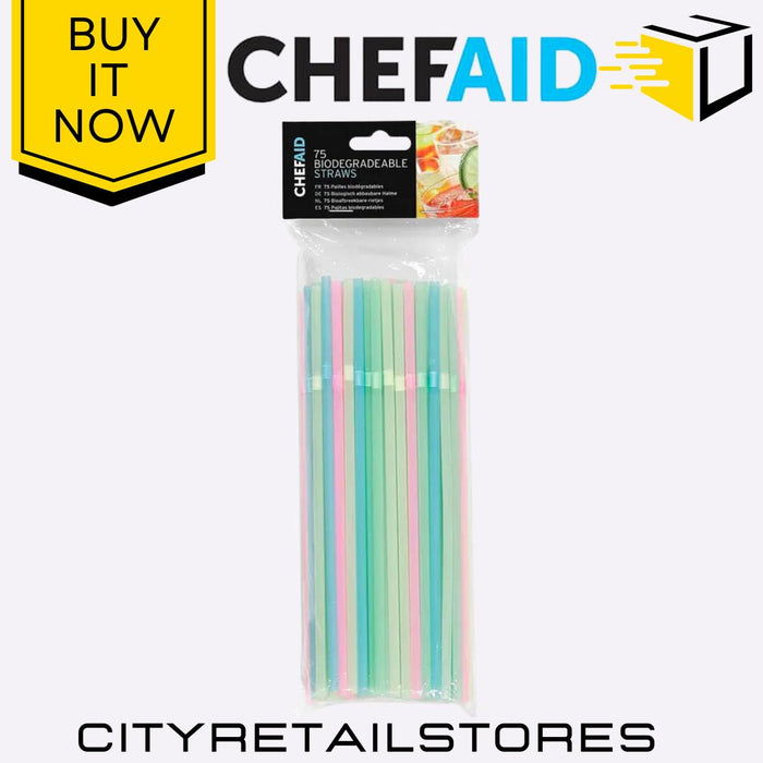 Biodegradable Straws Assorted Colours Eco-Friendly Drinkware 75 Pack Chef Aid