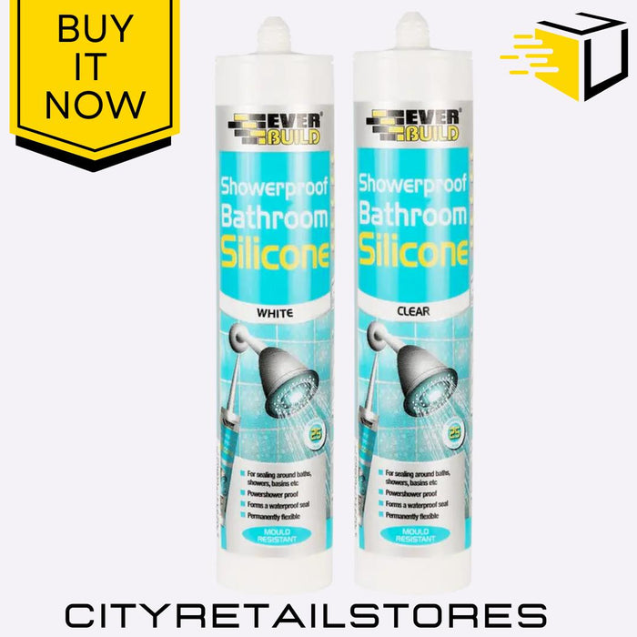 Showerproof Bathroom Silicone Sealant Clear/White Waterproof 280/310ml Everbuild
