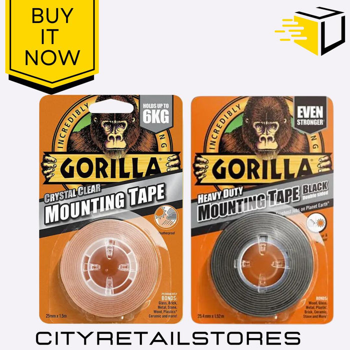 Crystal Clear / Black Heavy Duty Mounting Tape Waterproof & Strong 1.5m Gorilla
