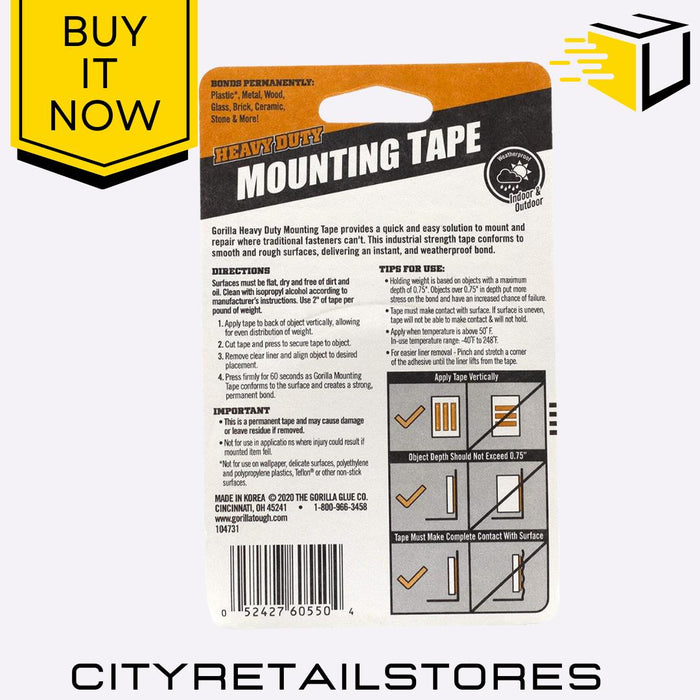 Crystal Clear / Black Heavy Duty Mounting Tape Waterproof & Strong 1.5m Gorilla