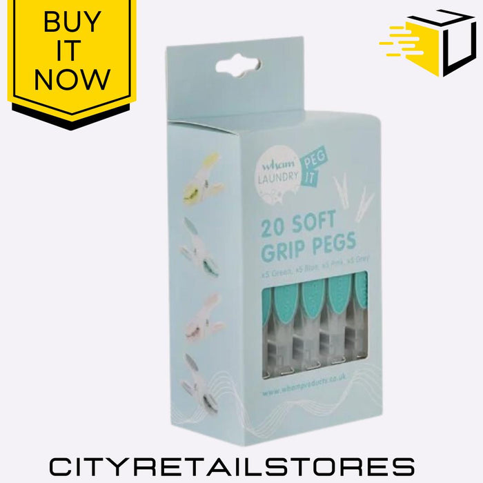 Set of 20 Soft Grip Pegs Assorted Colours Non-Slip Clothes Pins Wham Laundry