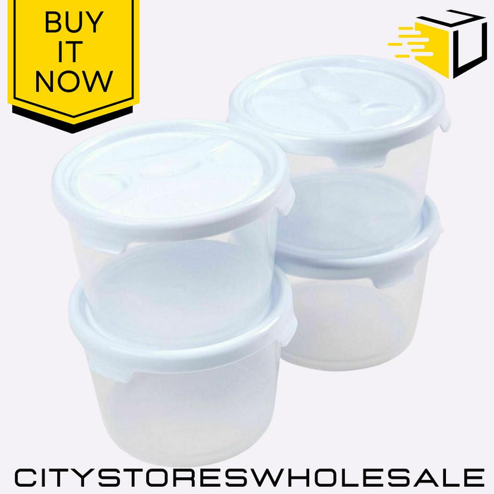 Set 4 x 300ml Round Food Box & Lid Clear Ice White 20x10x13cm Wham Cuisine