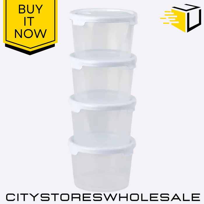 Set 4 x 300ml Round Food Box & Lid Clear Ice White 20x10x13cm Wham Cuisine