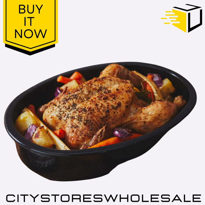 0.6mm Black Oval Roaster Dish Oven Baking Tray Durable Cookware 26cm Wham Enamel