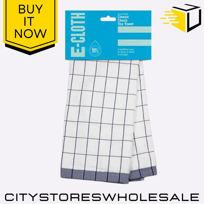 E-Towel Classic Check Tea Towel Blue, Ultra Absorbent, Lint-Free E-cloth