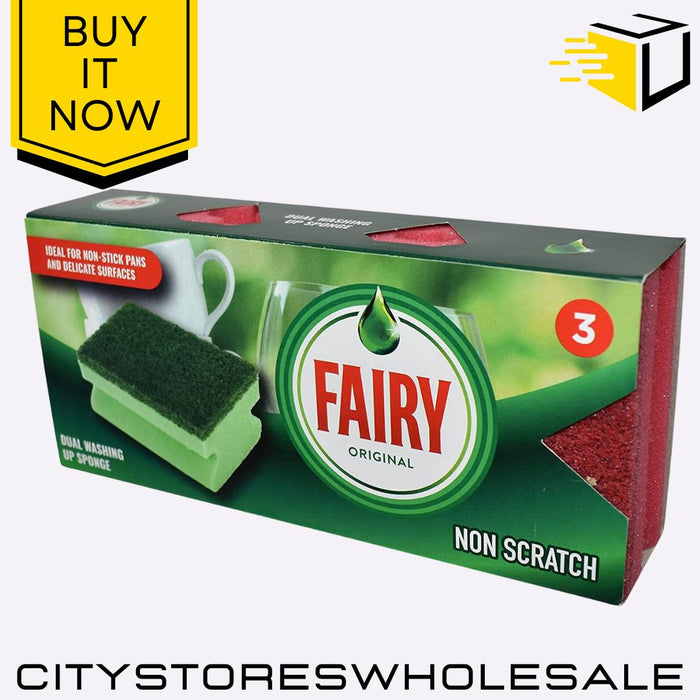 Red Dual Washing Up Sponges Heavy-Duty, Non-Scratch, Long-Lasting 3 Pack Fairy
