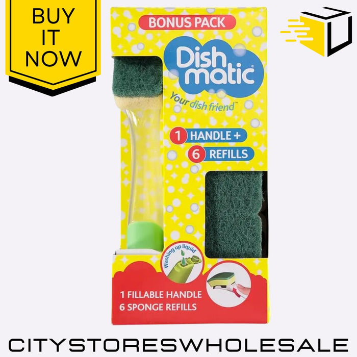 Washing Up Sponge Handle + 6 Refill Sponges Bonus Pack Easy Clean Dishmatic