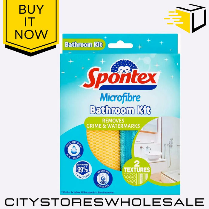 Microfibre Bathroom Kit 2 Cloths Streak-Free Shine Cleaning Set Spontex