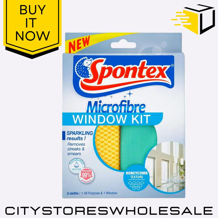 Microfibre Window Kit Streak-Free Shine, 2 Cloths For Glass & Mirrors Spontex