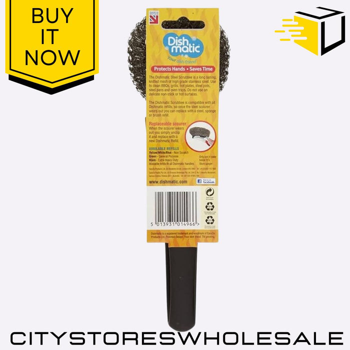 Heavy Duty Steel Scrubber With Handle Durable Cleaning Tool Easy Grip Dishmatic