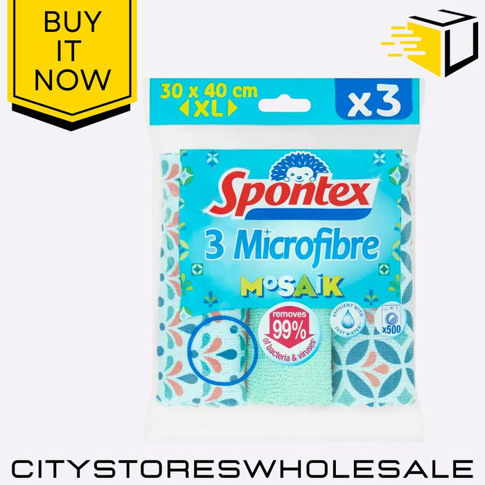 Mosaik Microfibre Cloths Ultra Absorbent Durable Streak  Cleaning 3pk Spontex
