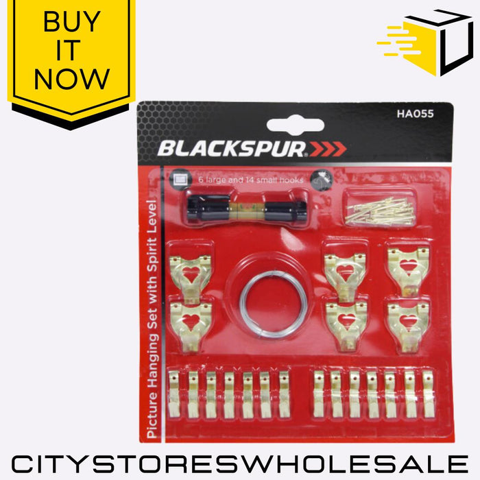 Picture Hanging Set with Spirit Level Hooks, Nails, Wire & Frame Kit Blackspur