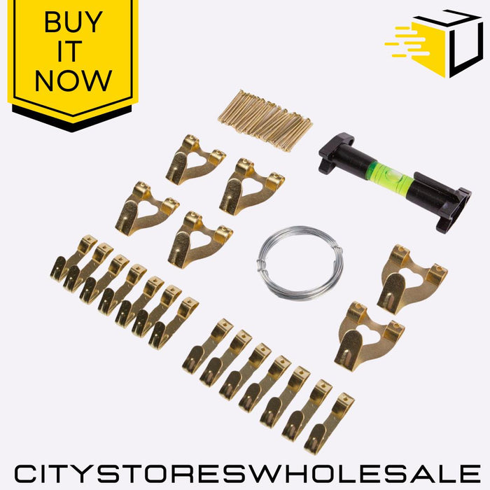 Picture Hanging Set with Spirit Level Hooks, Nails, Wire & Frame Kit Blackspur