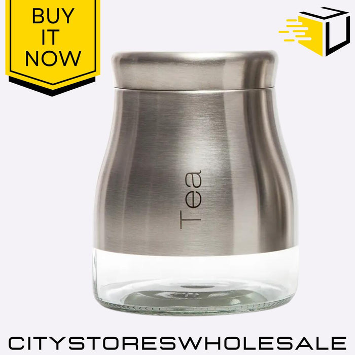 Brushed Stainless Steel & Glass Tea Storage Jar Screw Top Airtight Can Sabichi