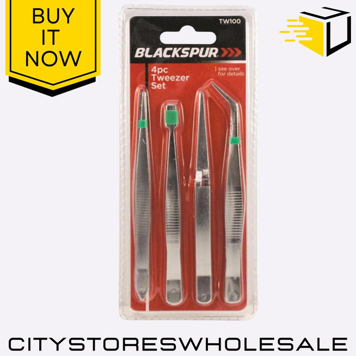 4pc Tweezer Set Precision Stainless Steel Tweezers For DIY & Repair Blackspur