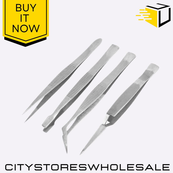 4pc Tweezer Set Precision Stainless Steel Tweezers For DIY & Repair Blackspur