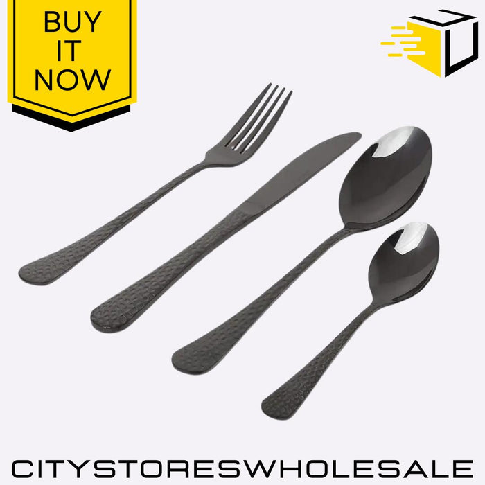 Black Hammered 16pc Cutlery Set Stainless Steel Dinner Fork Spoon Sabichi