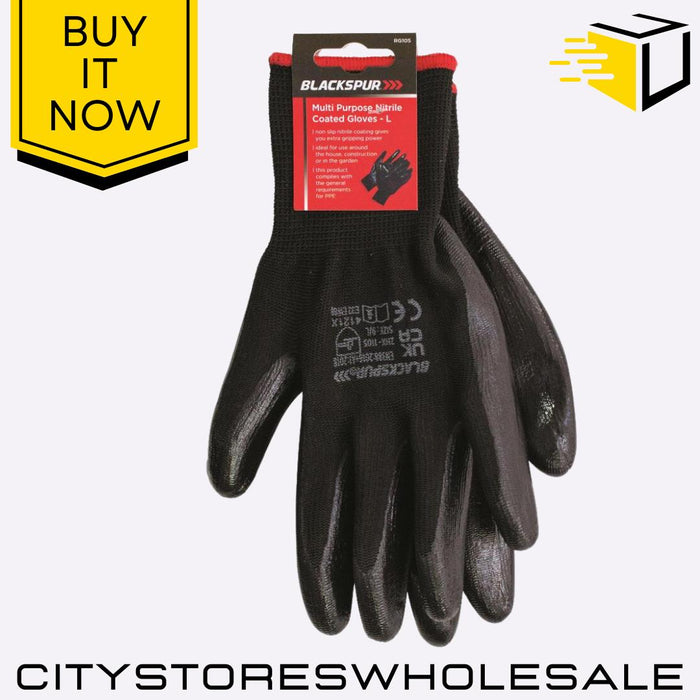 Multi-Purpose Nitrile Coated Work Gloves Large Durable Grip & Protect Blackspur