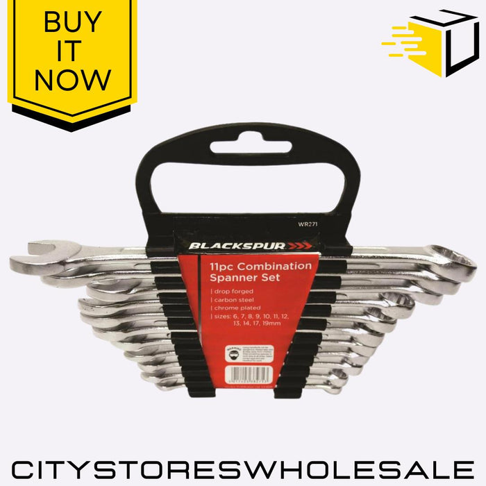 11pc Combination Spanner Set 6-19mm Chrome Vanadium Wrench Tools Blackspur
