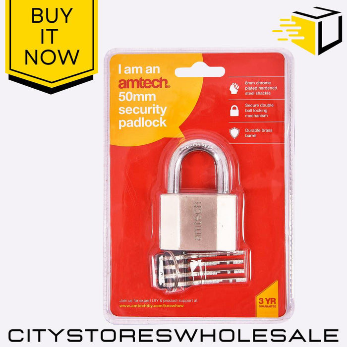 50mm Heavy Duty Amtech Security Padlock With 4 Keys Anti Rust & Weatherproof