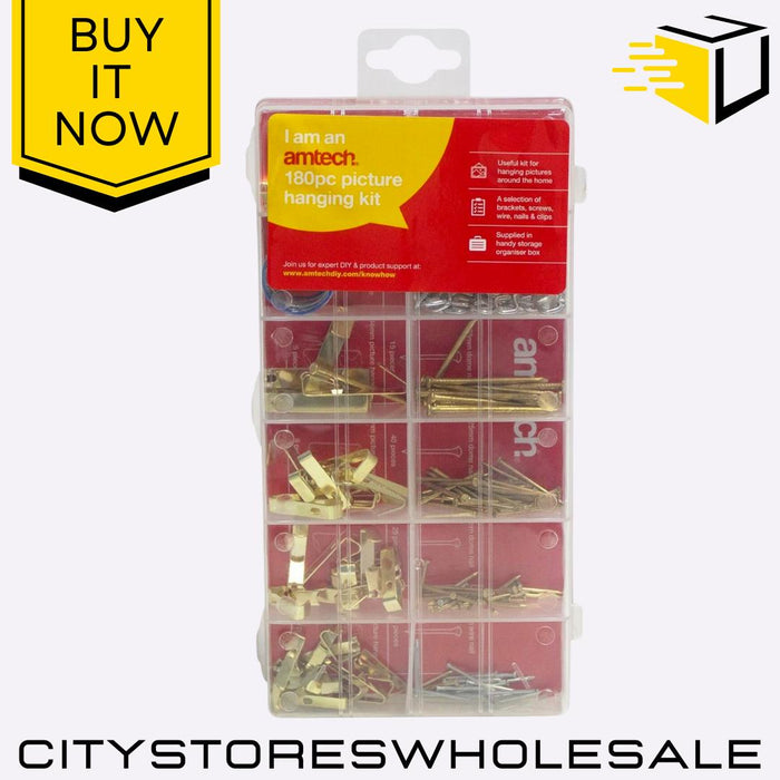 180pcs Picture Hanging Kit Amtech Assorted Hooks, Nails & Wires Wall Mount