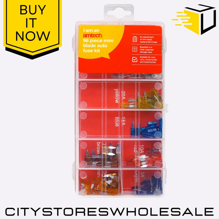 Mini Blade Auto Amtech Fuse Kit Assorted Car Fuses 5A-30A With Case 96pc