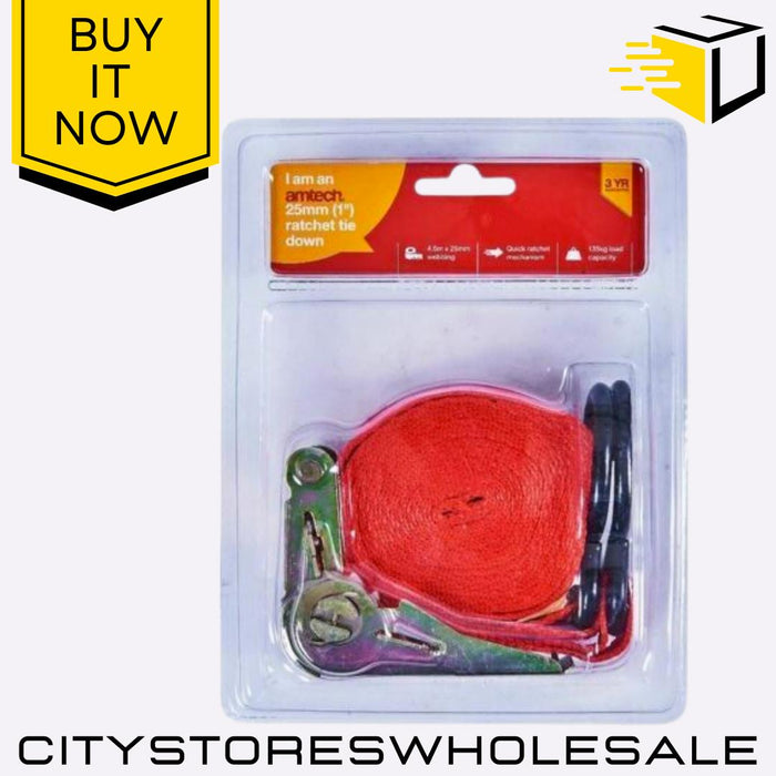 25mm x 4.5m Amtech Heavy Duty Ratchet Tie Down Strap Cargo Lashing Securing