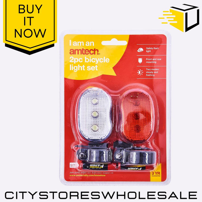 2pc Bicycle Amtech Flash Light Set Front & Rear LED Bike Lights Easy Fit