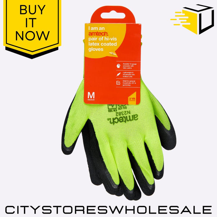 Hi-Vis Latex Amtech Coated Work Gloves Grip Safety Builders Garden Medium Size 8