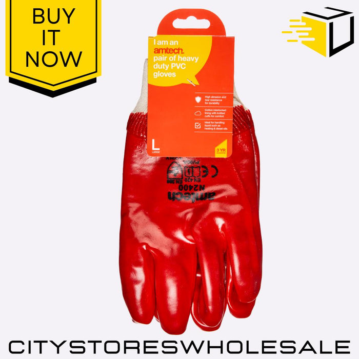 Heavy Duty Amtech PVC Work Gloves Red Durable Waterproof Grip Large Size 9
