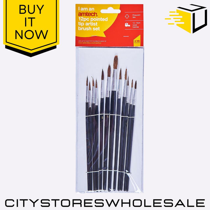 Fine Pointed Amtech Tip Art Brush Set Detail Painting & Craft Brushes 12 Pack