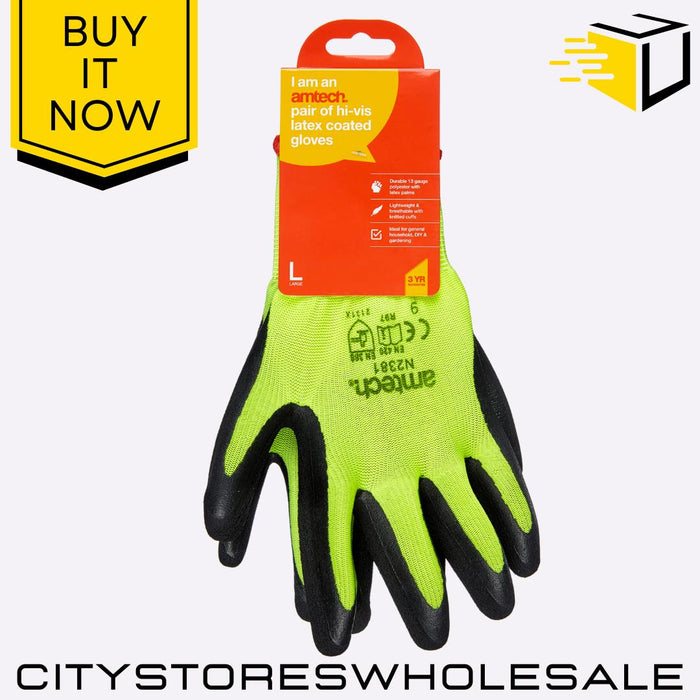 Hi-Vis Latex Coated Amtech Work Gloves Grip Safety Builders Garden Large Size 9