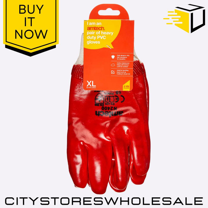 Heavy Duty PVC Work Amtech Gloves Red Durable Waterproof Grip XL Size 10