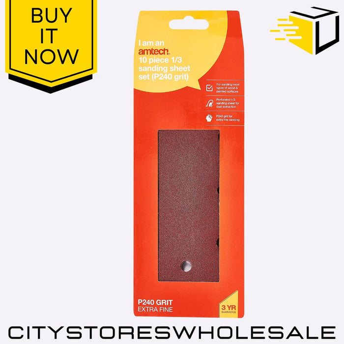 1/3 Sanding Sheets Amtech P240 Grit 93x230mm For Orbital Sheet Sander (10 Pack)