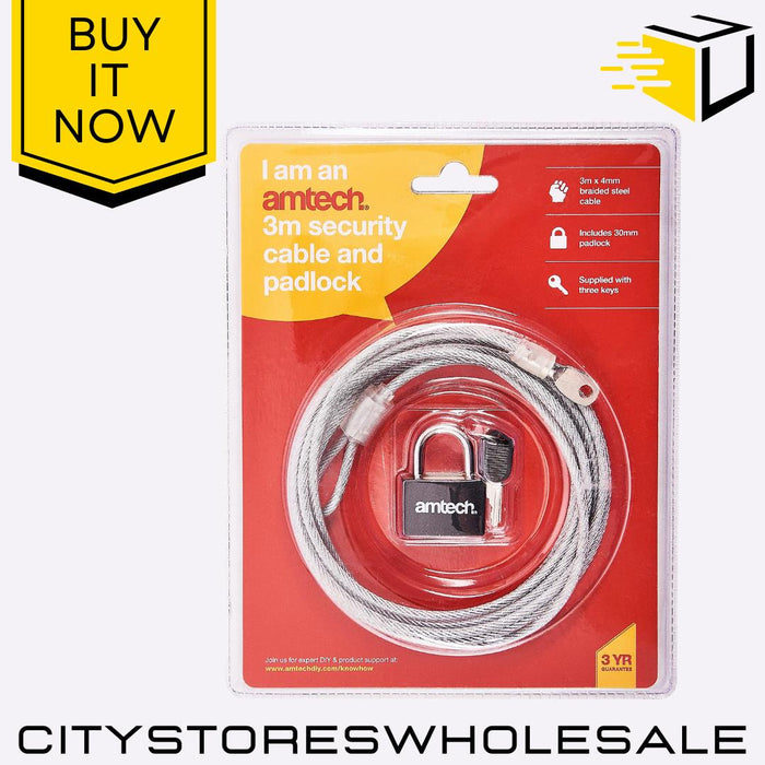 3m x 4mm Amtech Security Cable & Padlock Heavy Duty Lock For Bikes & More