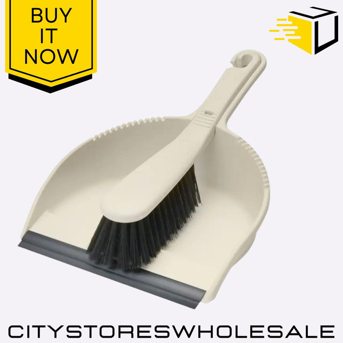 Stiff Dustpan & Brush Set Heavy Duty Indoor Outdoor Cleaning Linen Cream Addis