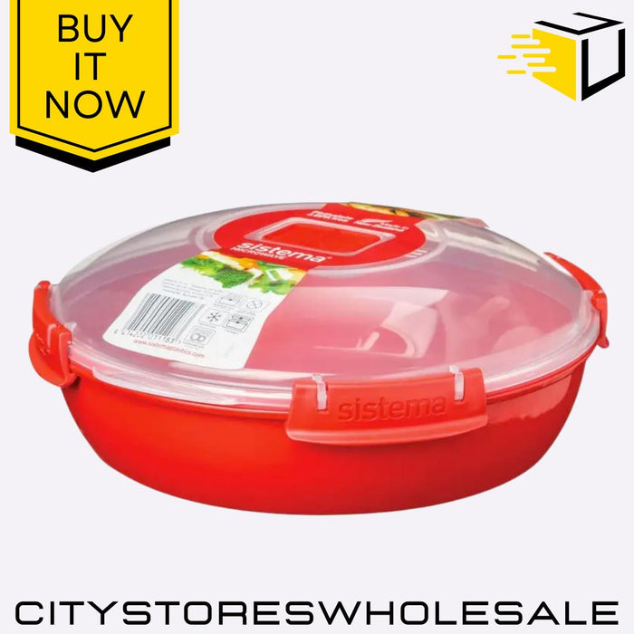 Round Microwave Dish 1.3L Red BPA Free Vent Lid Food Container Bowl Sistema