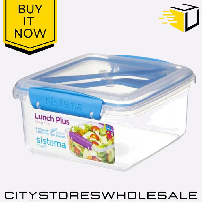 Lunch Plus To Go 1.2L Lunch Box Container With Fork & Knife Assorted Lid Sistema