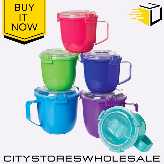 Microwave Soup Mug 900ml Plastic Container With Lid Assorted Colour Sistema