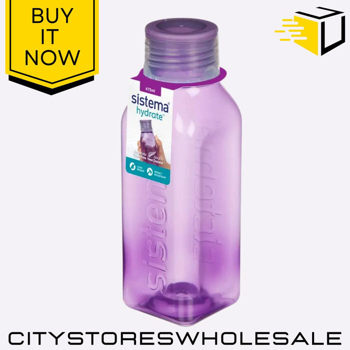 Square Assorted Colour Water Bottle 475ml - BPA Free, Leakproof, Durable Sistema