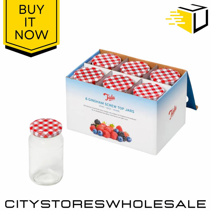 Gingham Glass Jam Jars 16oz 454ml Screw Lid 6 Pack Storage Preserving Tala